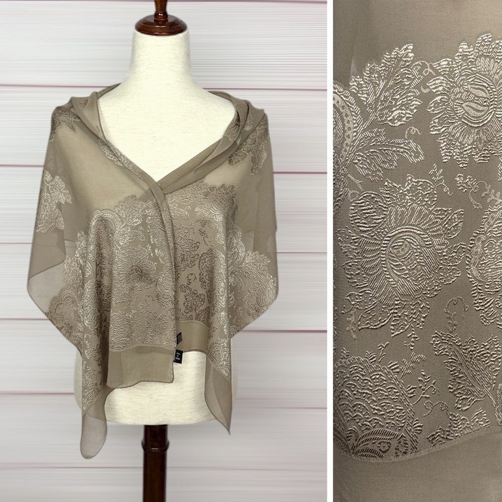 Ostinelli for Liberty Silk Oblong Scarf Light Taupe with Floral Embroidery Italy
